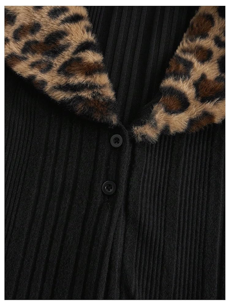 WDIRARA Women's Y2k Leopard Faux Fur Trim Coat Long Sleeve